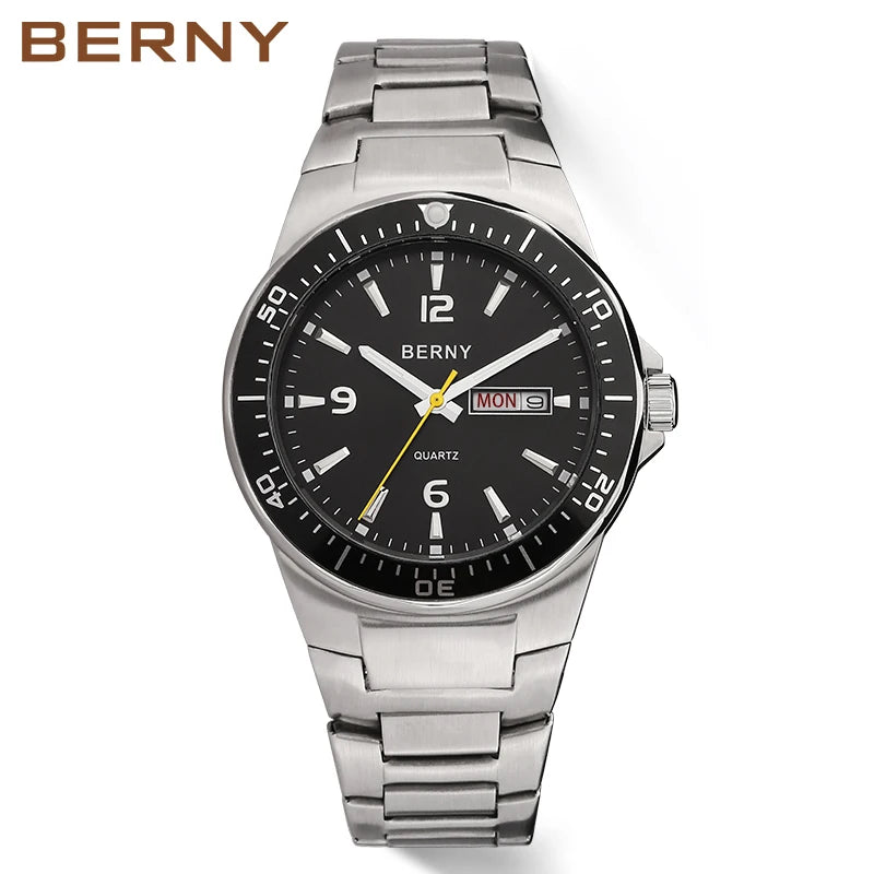 Berny Men'S Watches Quartz 40Mm Retro Business Day-Date Waterproof Stainless Steel Bracelets Male Gift Classical Watch for Men