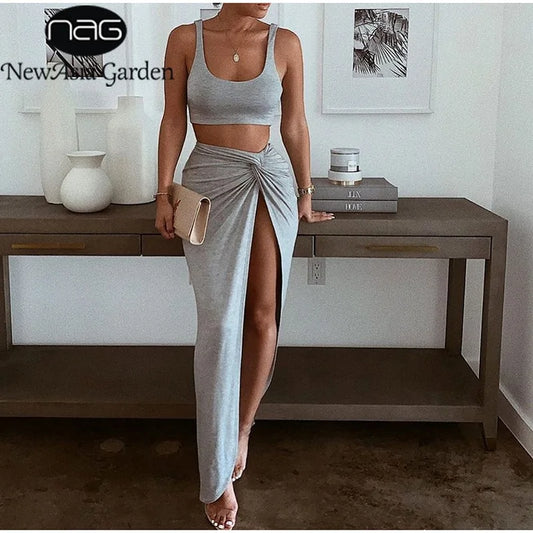 2 Piece Set Women Crop Top Twist Side Split Long Skirts