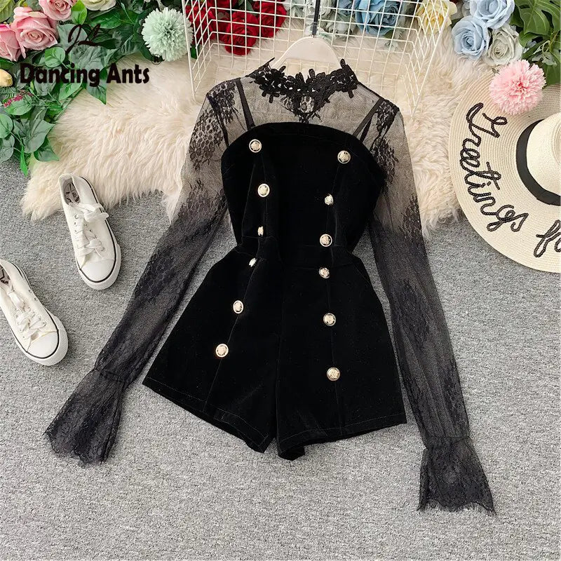 Jumpsuit Women Romper Long Sleeve Bodysuit Lace Patchwork